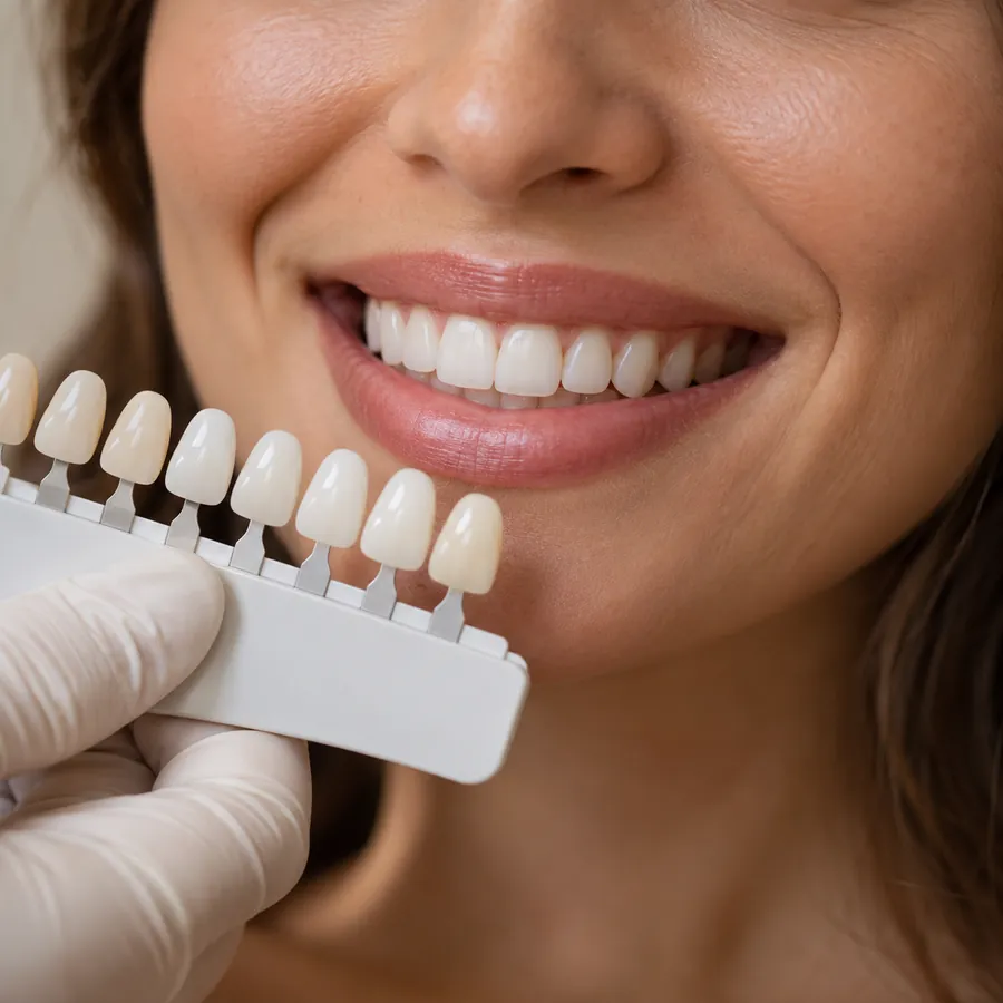 Sorriso ilustrativo ao lado de uma escala de cor dental